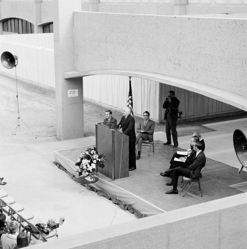 UCSD Chancellor William J. (William James) McGill at the podium during the dedication of UCSD Basic Science building. November 24, 1969