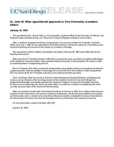 Dr. John W. Miles appointment approved as Vice Chancellor, Academic Affairs