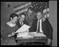 Florence Mulford, James B. Heath, Jack Dunn, and Slim Colwell plan the Armistice Day parade, Los Angeles, 1935