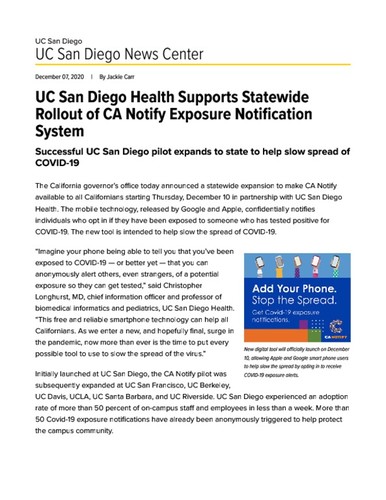 UC San Diego Health Supports Statewide Rollout of CA Notify Exposure Notification System