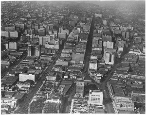 Aerial view of downtown Los Angeles taken just above 12th Street, looking north up Broadway, ca.1921-1927
