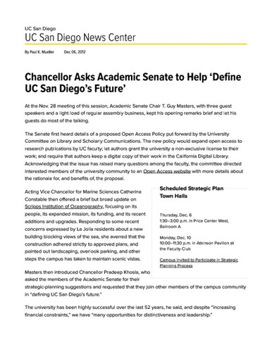 Chancellor Asks Academic Senate to Help ‘Define UC San Diego’s Future’