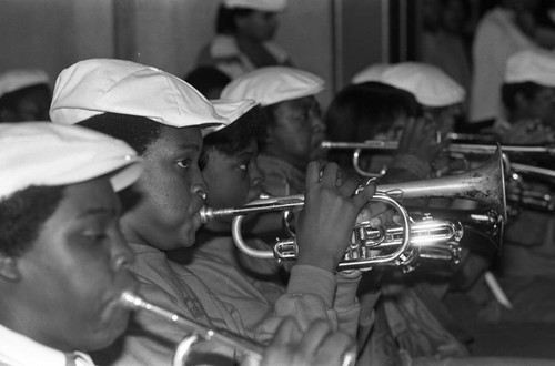 Bugle corps performing during a Black History Month ceremony, Los Angeles, 1982