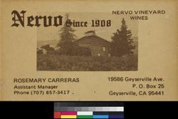 Nervo Winery business card for Rosemary Carreras, assistant manager
