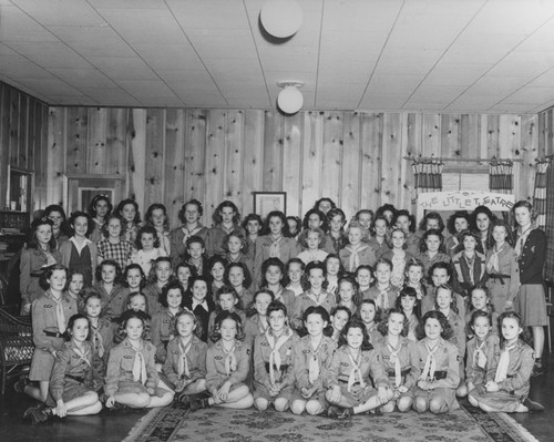 Girl Scouts Troop group portrait, Orange, California, ca. 1945