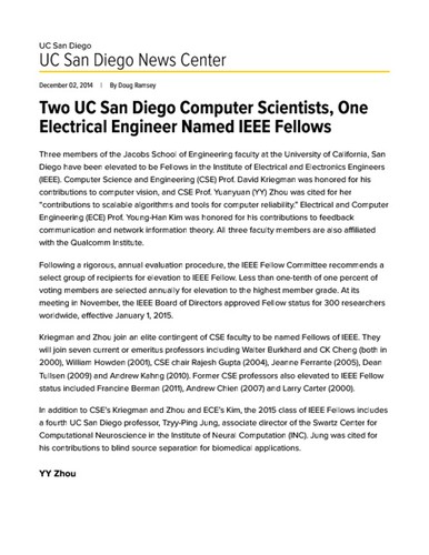 Two UC San Diego Computer Scientists, One Electrical Engineer Named IEEE Fellows
