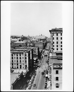 Birdseye view of Spring Street between Fourth Street and Fifth Street, showing the Angelus Hotel, ca.1900