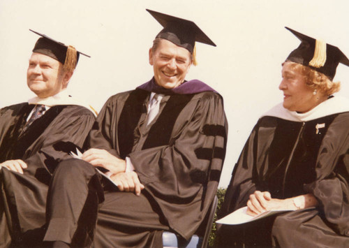 M. Norvel Young, Ronald Reagan, and Blanche Seaver during the Seaver College dedication, 1975