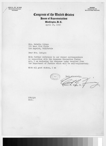 Letter, 1952 April 25, Washington, D.C. to Estelle Ishigo, Los Angeles, Calif