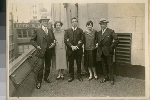 Nov. 5/26. L. to R.: J.B. Cook - Miss Bailey - Mr. Ed. Clark - Miss Crawford & Jas. A. Murphy, all of the Savings Union Office Mercantile Trust Co. of Calif