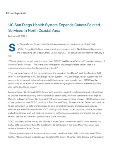 UC San Diego Health System Expands Cancer-Related Services in North Coastal Area