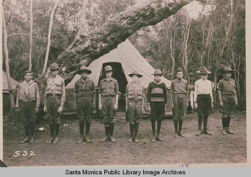 Boy Scouts in front of tent at Institute Camp in Temescal Canyon