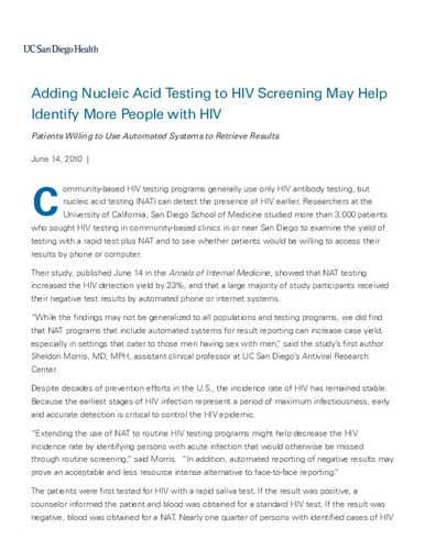 Adding Nucleic Acid Testing to HIV Screening May Help Identify More People with HIV