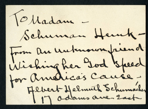 Albert Helmuth Schumacher card to Schumann-Heink