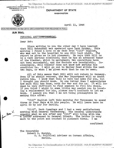 Frederick B. Lyon letter to Robert Murphy regarding Bill Hohenthal and others