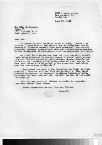 Letter, 1954 June 23, Los Angeles, Calif. to Mr. Mike M. Masaoka, Washington, D.C