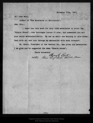Letter from Mary E. Burt to John Muir, 1907 Nov 27