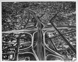 Aerial view, Downtown Los Angeles, interchange between the Harbor Freeway and Hollywood Freeway