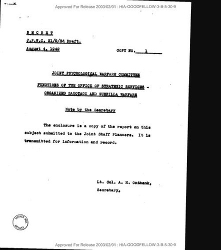 A. H. Onthank note forwarding attached Joint Psychological Warfare Committee report on functions of the O.S.S. regarding organized sabotage and guerrilla warfare