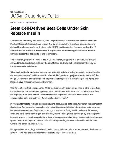 Stem Cell-Derived Beta Cells Under Skin Replace Insulin