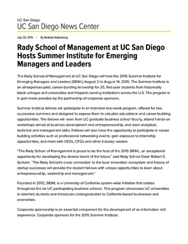 Rady School of Management at UC San Diego Hosts Summer Institute for Emerging Managers and Leaders