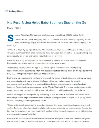 Hip Resurfacing Helps Baby Boomers Stay on the Go - News from University of California, San Diego Medical Center