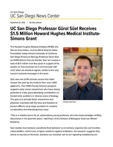 UC San Diego Professor Gürol Süel Receives $1.5 Million Howard Hughes Medical Institute-Simons Grant