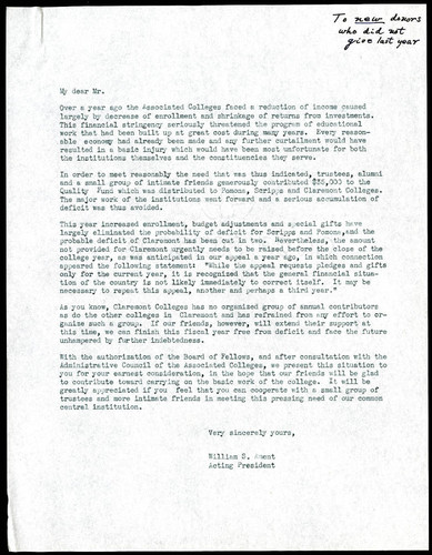 William S. Ament letter to the donors