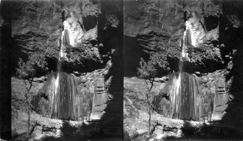 Ribbon Falls, north of Phantom Ranch, Colo. Filter K2-stop 8 @ 1/10 ortho. "Not good" you say. You call 47913 "fair". " " 47906 "very good" & this (47912) you call "not good" - well this is taken with ortho. film & K2 filters & should give tones & colors value in a better way because subject icy frozen mossy stone etc. but the trouble is underexposure. Try & print lighter - You complain about not being life - well altho' it looks easy to go there, it would have been a long tedious job to get my guide in it, as we are high up & across a ravine etc. etc