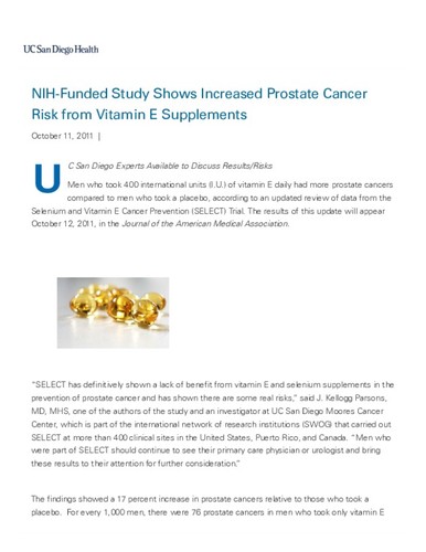 NIH-Funded Study Shows Increased Prostate Cancer Risk from Vitamin E Supplements