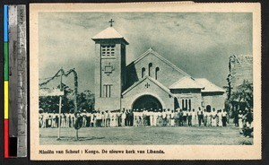 Group stands outside a church, Libanda, Congo, ca.1920-1940