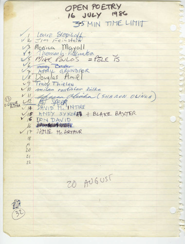 Open Mike Night, Signup Sheet, 16 July 1986