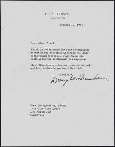 1955 January 10- Dwight Eisenhower to Margaret Brock