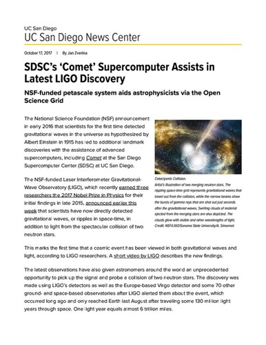 SDSC’s ‘Comet’ Supercomputer Assists in Latest LIGO Discovery