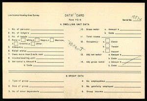 WPA Low income housing area survey data card 157, serial 19834, vacant