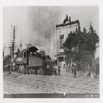 Western Pacific locomotive arrives at 23rd Avenue depot at East 12th Street in the Twenty-third Avenue district of Oakland, California