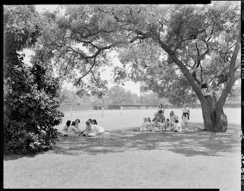 Girls under tree, Polytechnic Elementary School, 1030 East California, Pasadena. May 15, 1940