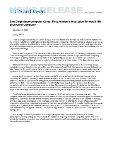 San Diego Supercomputer Center First Academic Institution To Install IBM Blue Gene Computer