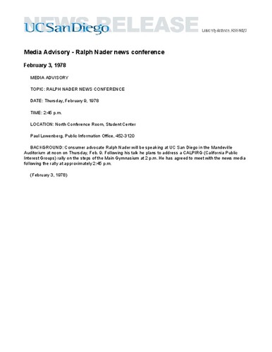 Media Advisory - Ralph Nader news conference