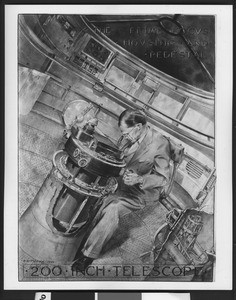 Drawing by R.W. Porter showing an astronomer seated at the prime focus of Mount Palomar Observatory's 200-inch telescope, 1940