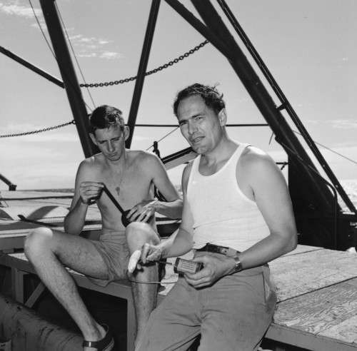 Winter Davis Horton (left) and Edwin L. Hamilton aboard R/V Horizon, on the first leg of the Capricorn Expedition