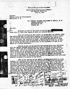 Federal Bureau of Investigation (FBI). Report and file on Central Japanese Association of America, 1942