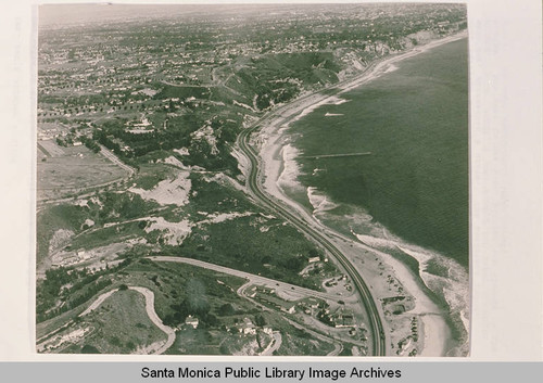 Aerial view of the coastline, Pacific Coast Highway, Santa Ynez Canyon and Castellammare, April 5, 1947