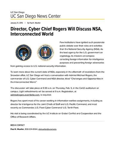 Director, Cyber Chief Rogers Will Discuss NSA, Interconnected World