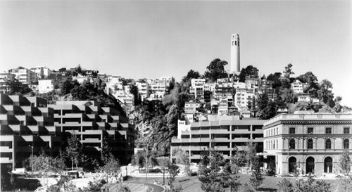 [View of Levi Plaza showing Telegraph Hill and Coit Tower in background]