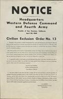Broadside: "Notice: Civilian Exclusion Order No. 13," 1942