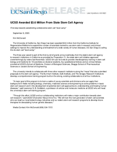 UCSD Awarded $3.6 Million From State Stem Cell Agency--First step towards establishing collaborative stem cell “boot camp”