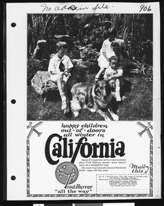 Santa Fe Railway advertisement, showing young children with a Collie dog, 1925
