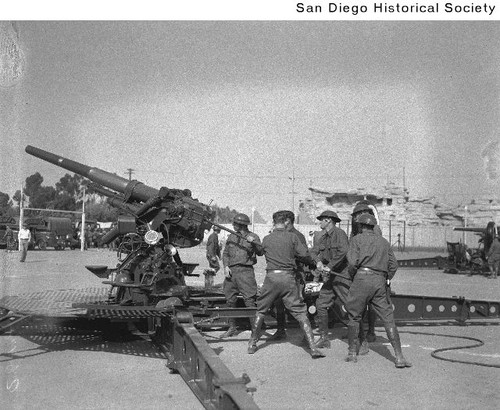 Soldiers operating an artillery piece at Camp Derby in Balboa Park during the 1935 Exposition