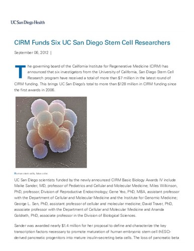 CIRM Funds Six UC San Diego Stem Cell Researchers